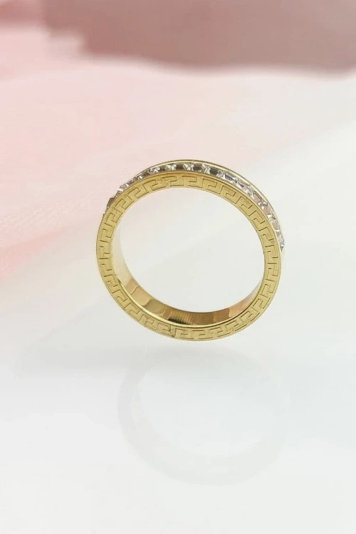 Złoty pierścionek obrączka ze stali chirurgicznej grecka kryształy