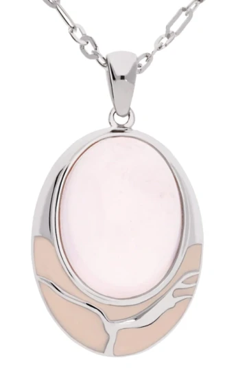 Srebrny wisiorek z emalią i naturalnym jasno różowym kwarcem, srebro 925, różowy kwarc