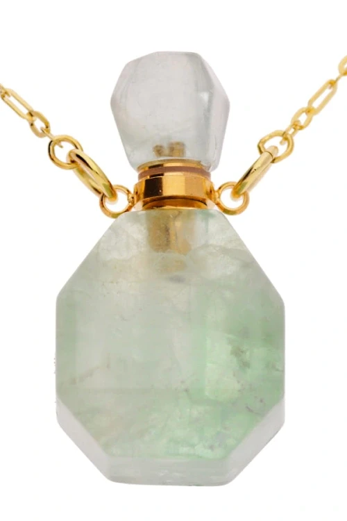 Srebrny naszyjnik buteleczka, butelka z naturalnego kamienia zielony fluoryt, pozłacane srebro 925