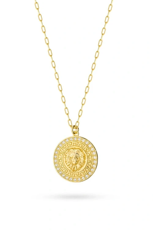 Pozłacany naszyjnik koło medalion moneta lew grecki wzór cyrkonie soledo