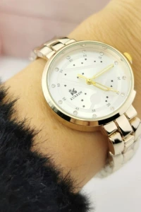 Sohobizuteria - Zegarek damski ekskluzywny ZŁOTY kryształki na bransolecie perłowa tarcza