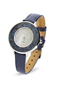 Kom-bizuteria - Zegarek spark oriso z niebieskimi kryształami i niebieskim skórzanym paskiem