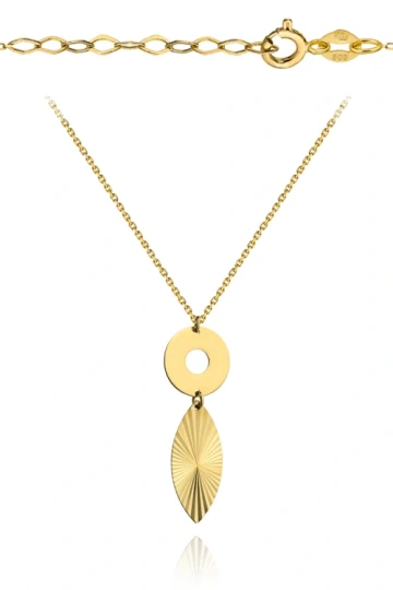 Naszyjnik złote koło typu ring z zawieszką w kształcie diamentowanego listka