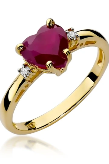Złoty pierścionek zaręczynowy rubinowe serce z brylantami od serca