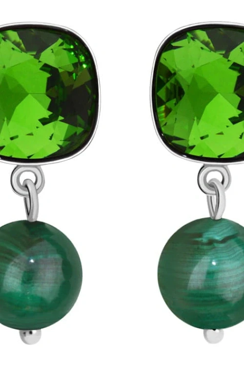 Zielone kolczyki z kwadratowym kryształem i naturalnym malachitem, kryształ swarovski ®, malachit, srebro 925