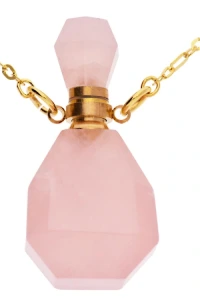 Kom-bizuteria - Srebrny naszyjnik buteleczka, butelka z naturalnego kamienia różowy kwarc, pozłacane srebro 925