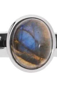 Kom-bizuteria - Czarny pierścionek z emalią i naturalnym błyszczącym labradorytem, srebro 925, labradoryt