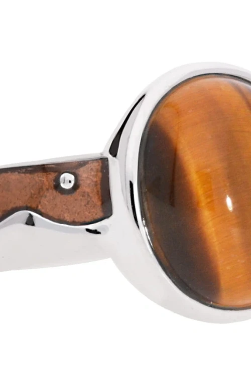 Brązowy pierścionek z emalią i naturalnym tygrysim okiem, srebro 925, tygrysie oko