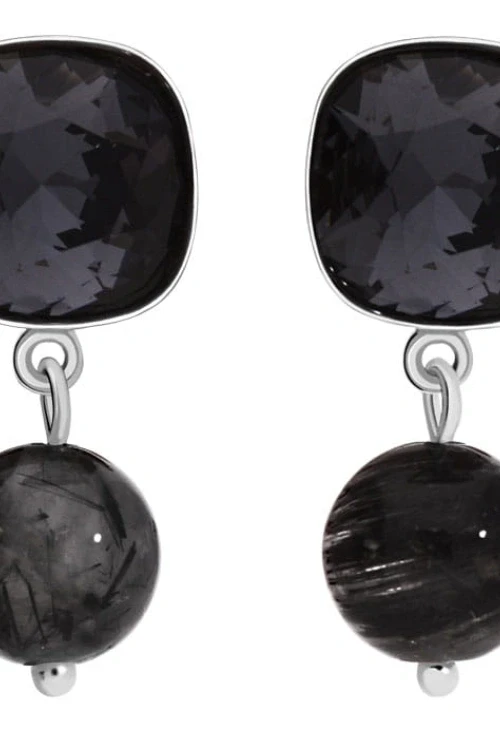 Czarne kolczyki z kwadratowym kryształem i naturalnym kwarcem, kryształ swarovski ®, kwarc, srebro 925