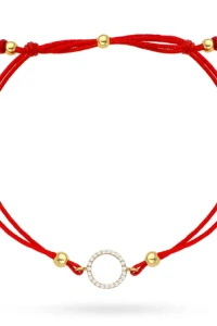 Gese - Bransoletka ring wysadzany cyrkoniami na czerwonym sznurku